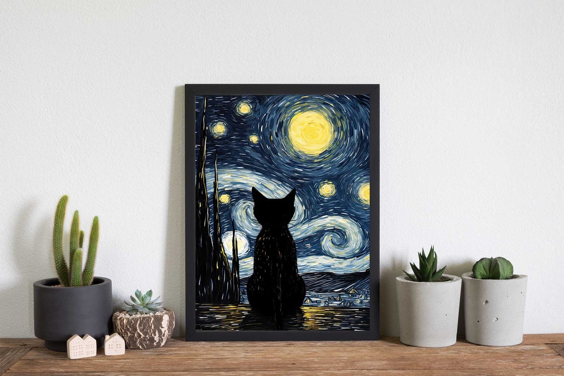 Black Cat Watching Starry Night Sky Van Gogh Style Cat Lover Poster - Image 4