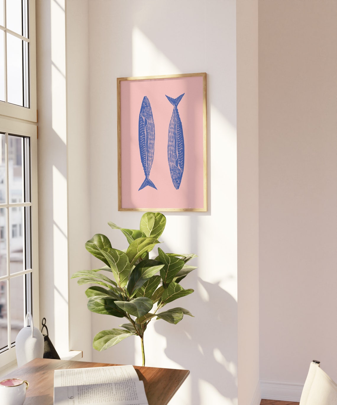 Blue Sardines Pair Pink Background Coastal Kitchen Wall Poster - Image 6