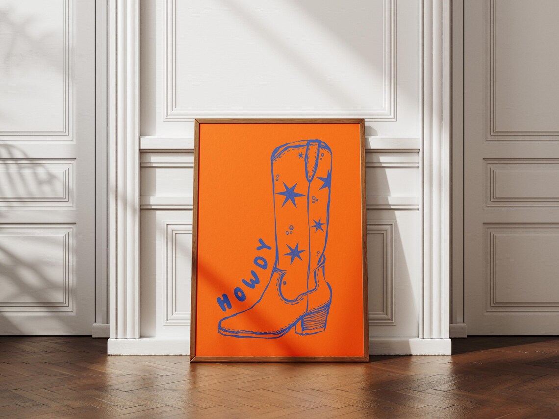 Howdy Cowboy Boot Blue Line Art Bright Orange Western Decor Poster - Image 3