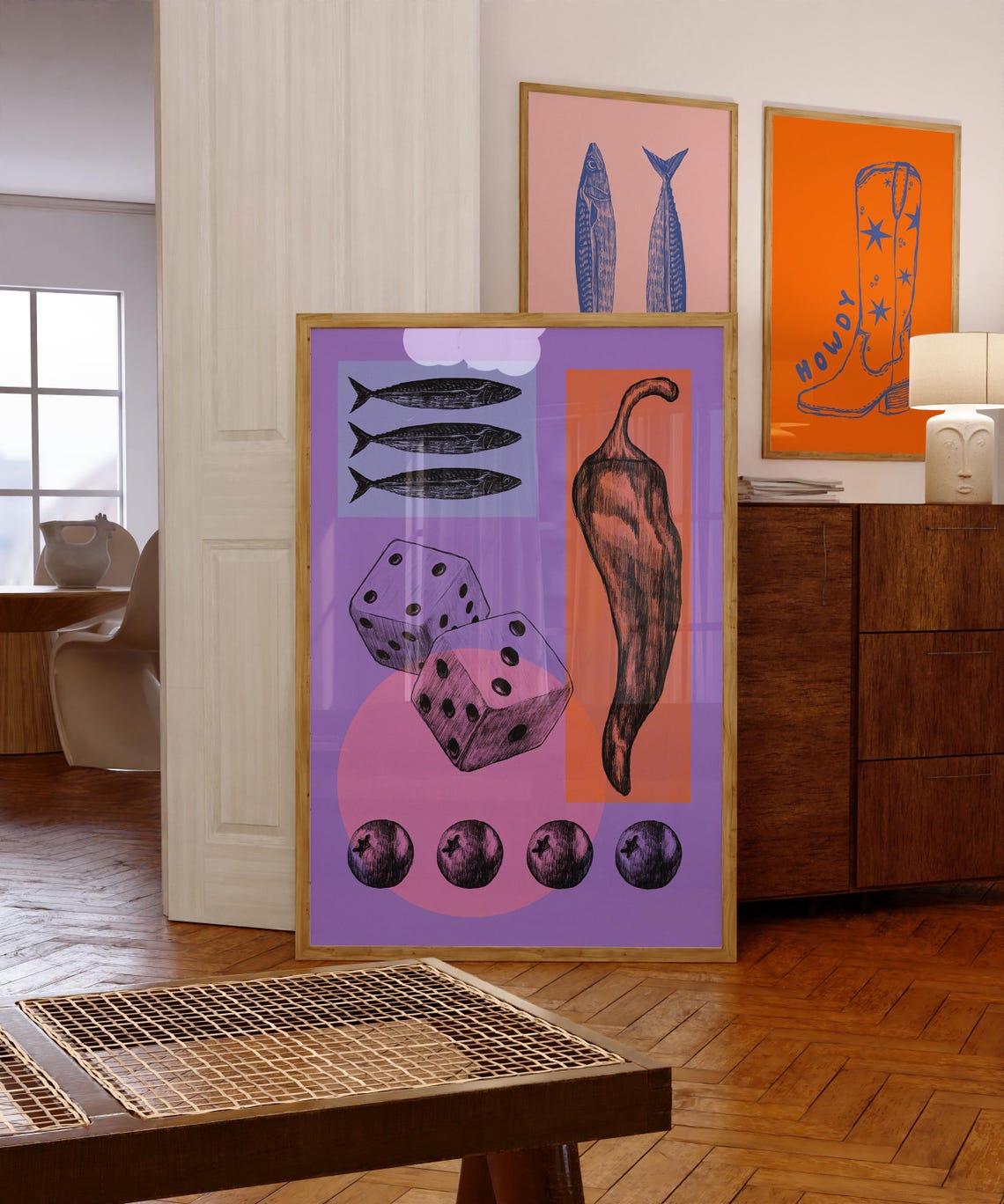 Trippy Collage Dice Fish Chili Pepper Purple Funky Art Poster - Image 6