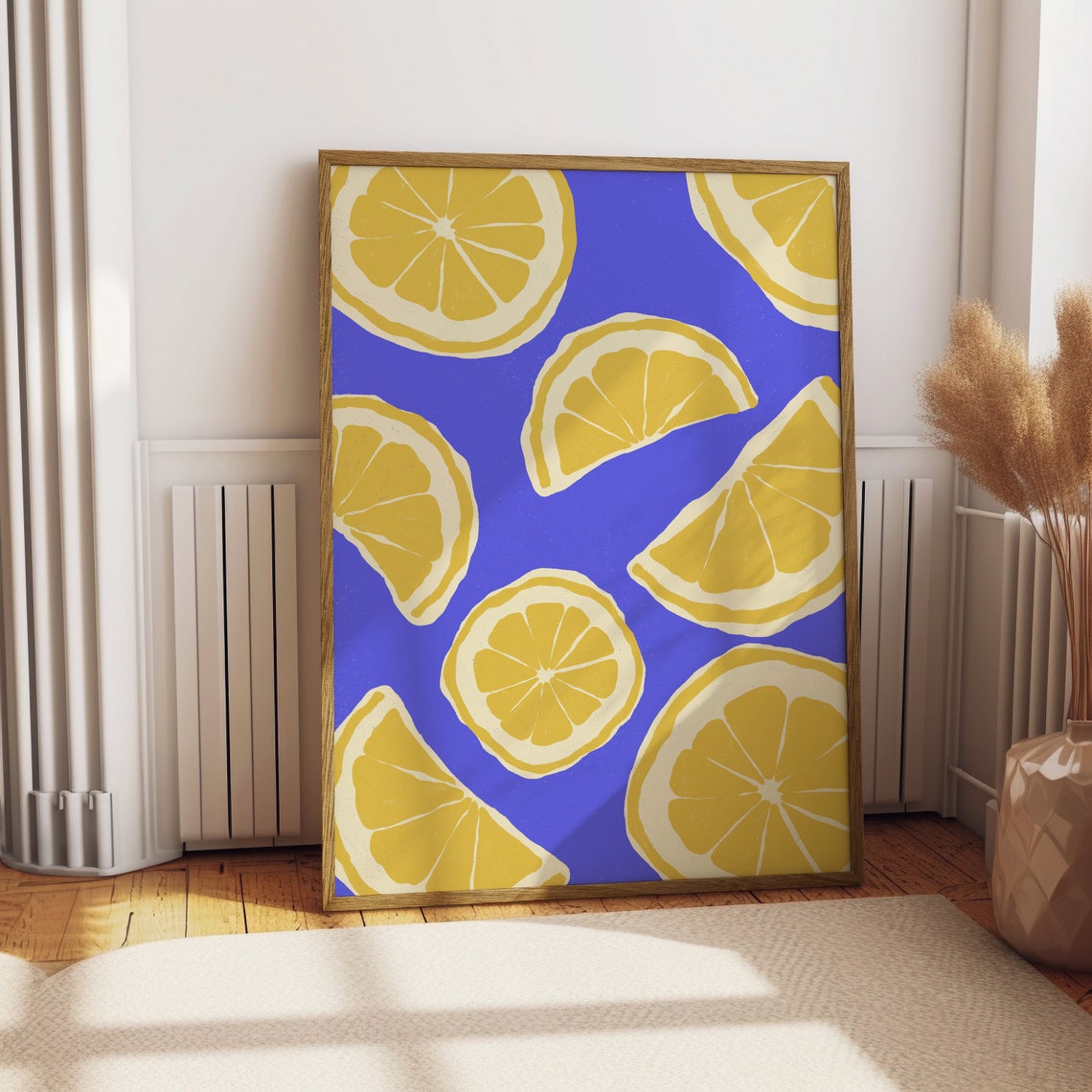 Lemon Slices Bold Blue Background Citrus Fruit Pattern Art Poster