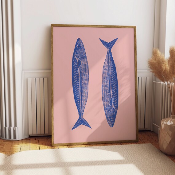 Blue Pink Fish Print Fish Wall Art Retro Kitchen Print Printable Wall Art Vintage Print Food Print Mediterranean Print Trendy Prints