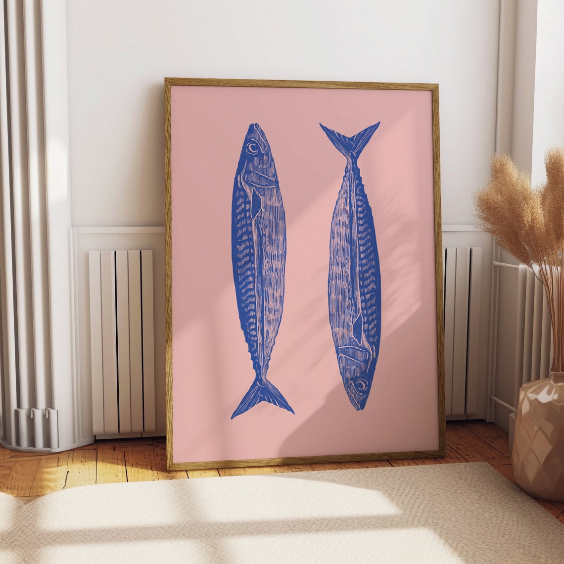 Blue Sardines Pair Pink Background Coastal Kitchen Wall Poster