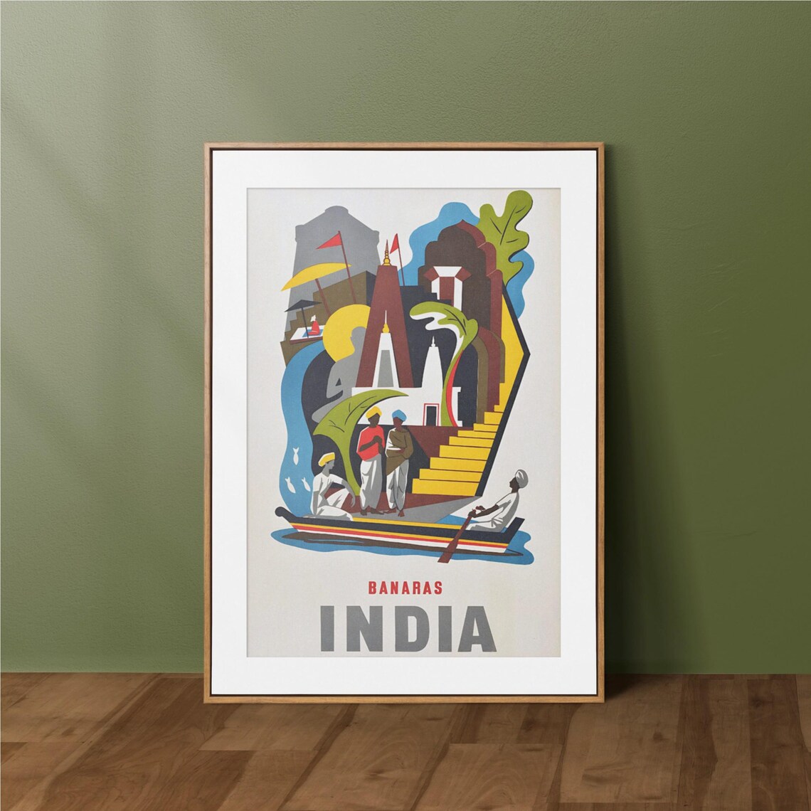 Banaras India Vintage Geometric Travel Poster River Boat Temple Art