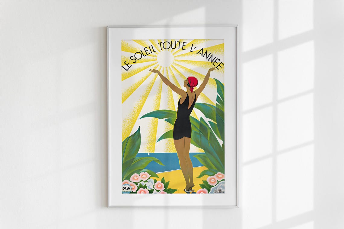 French Riviera Vintage Sunshine Beach Bather Retro PLM Travel Poster