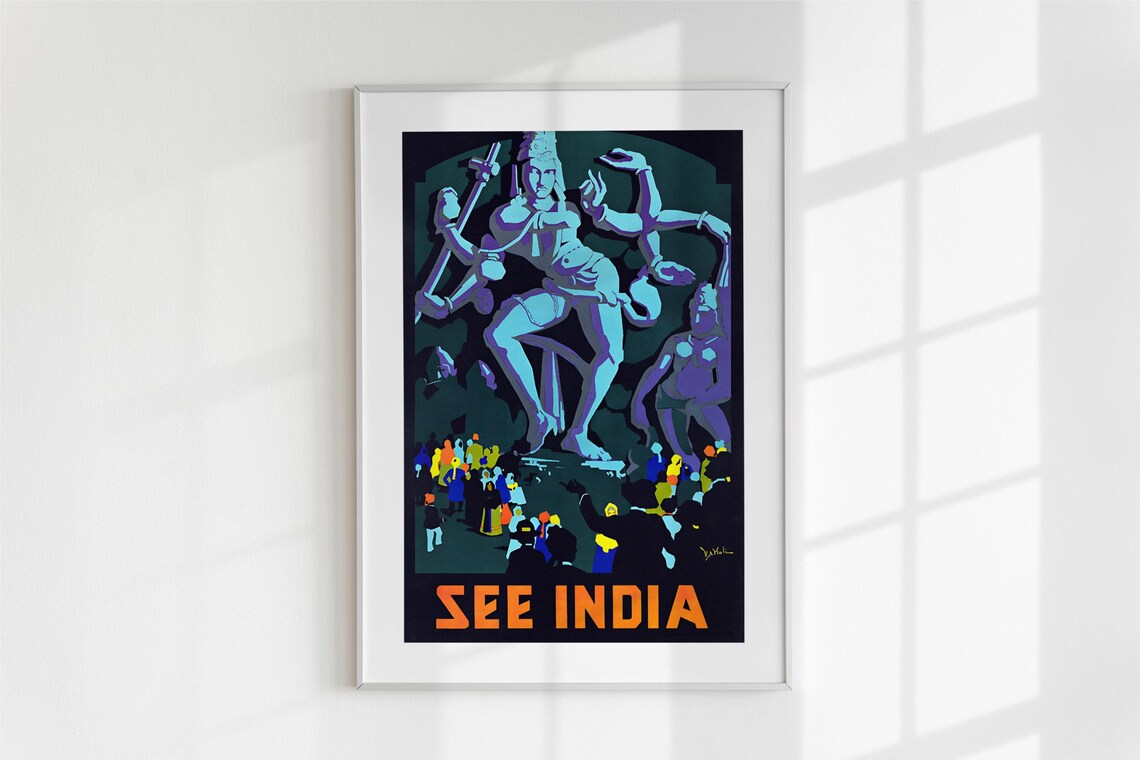 See India Vintage Travel Poster Shiva Nataraja Temple Retro Art