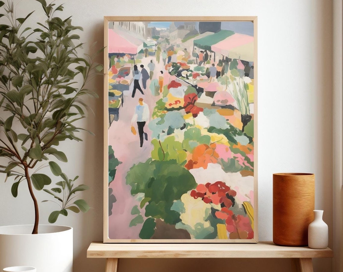 Colorful Flower Market Print France Street Abstract Watercolor Travel Poster Fine Art