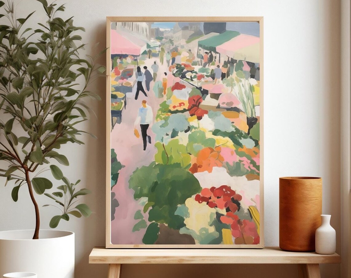 Colorful Flower Market Street Painting Bustling French Market Poster