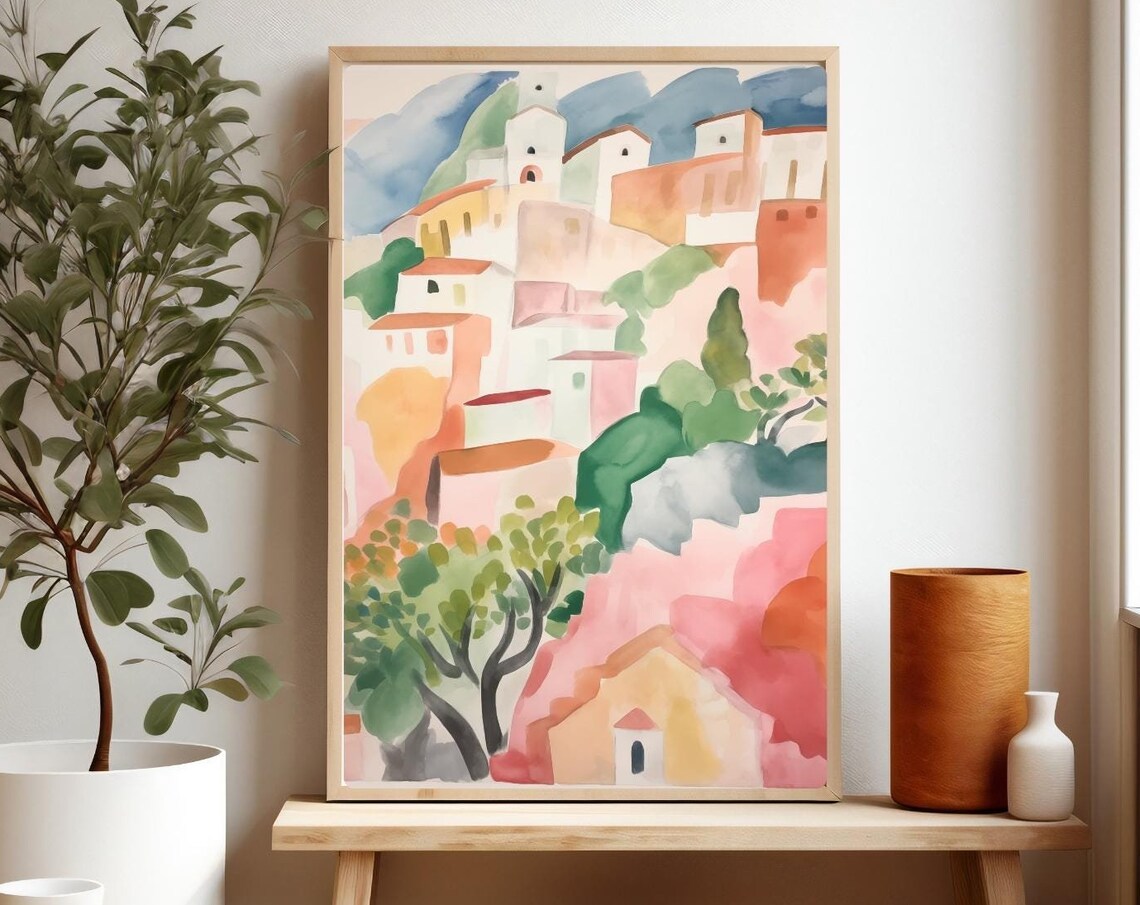 Capri Italian Hill Village Watercolor Painting Pastel Houses Poster