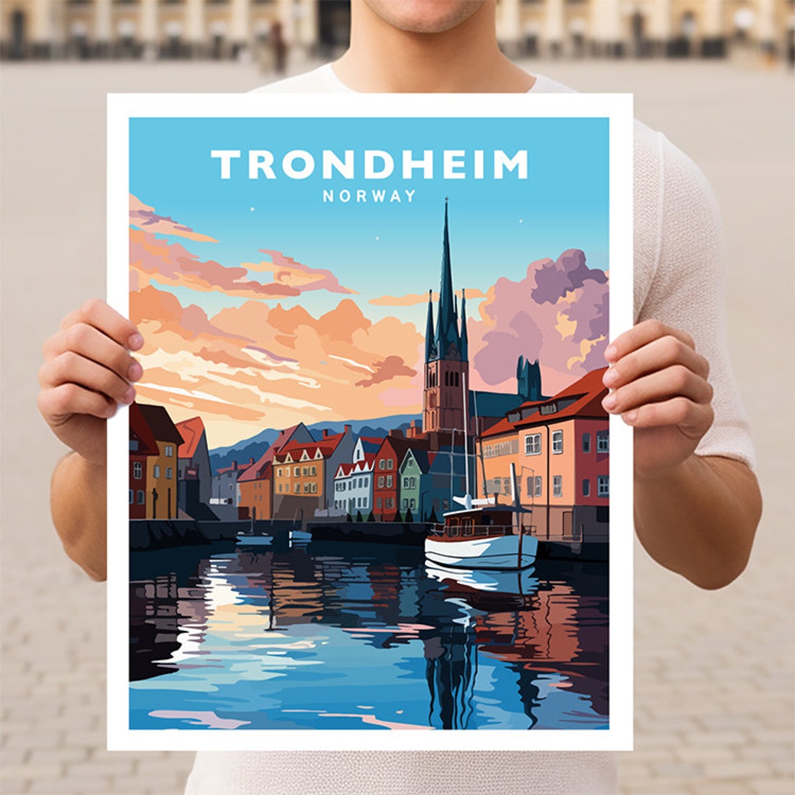 Trondheim Norway Harbor Cathedral Sunset Wharf Travel Poster