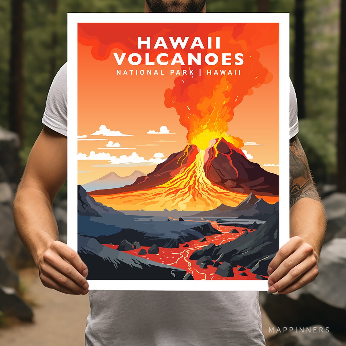 Hawaii Volcanoes Park Travel Poster, Hiking Adventure