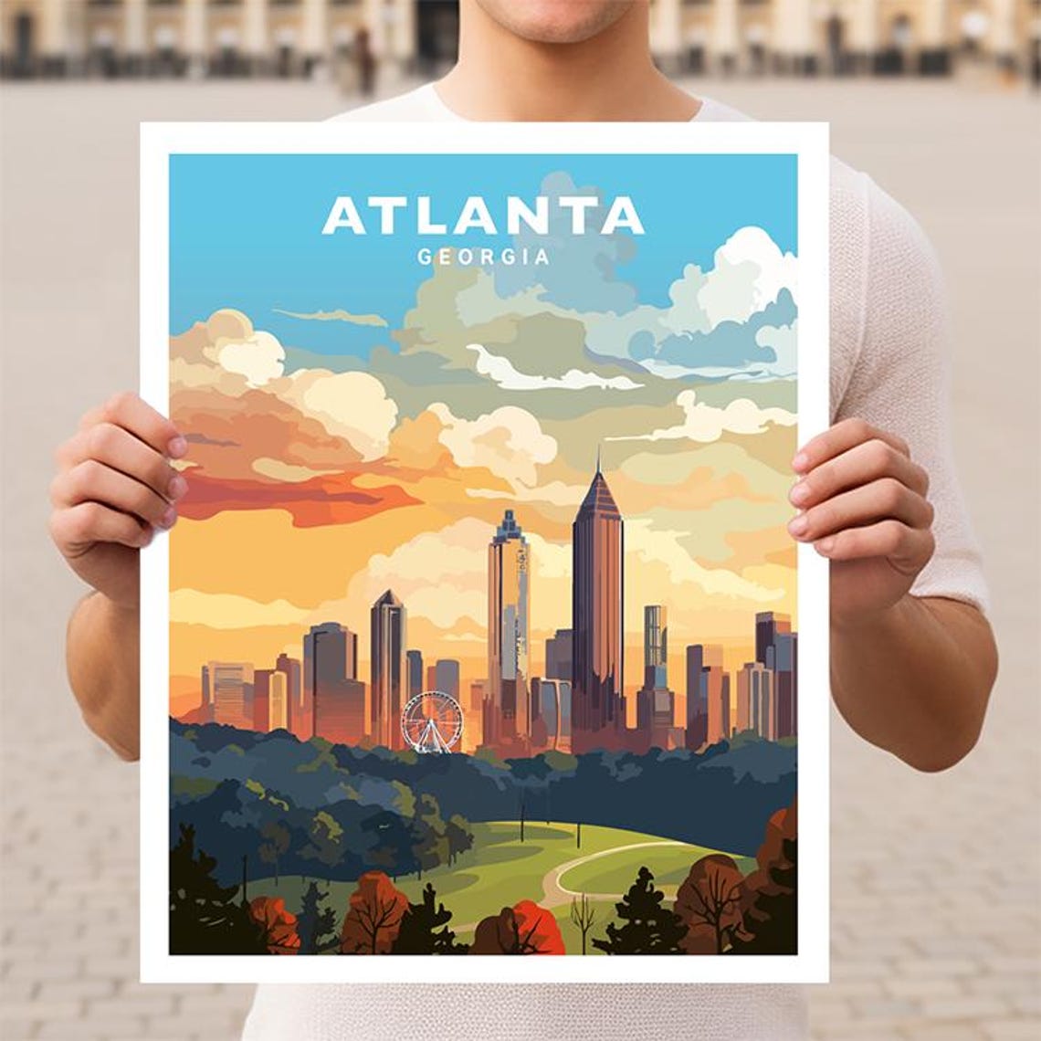 Atlanta Georgia Sunset Skyline Ferris Wheel Park View Poster Art