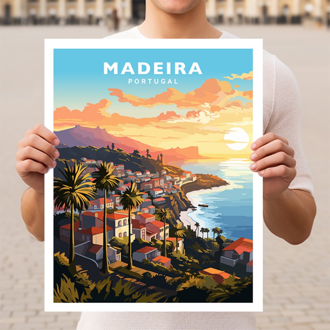 Madeira Portugal Island Coastal Cliffs Palms Sunset Travel Poster