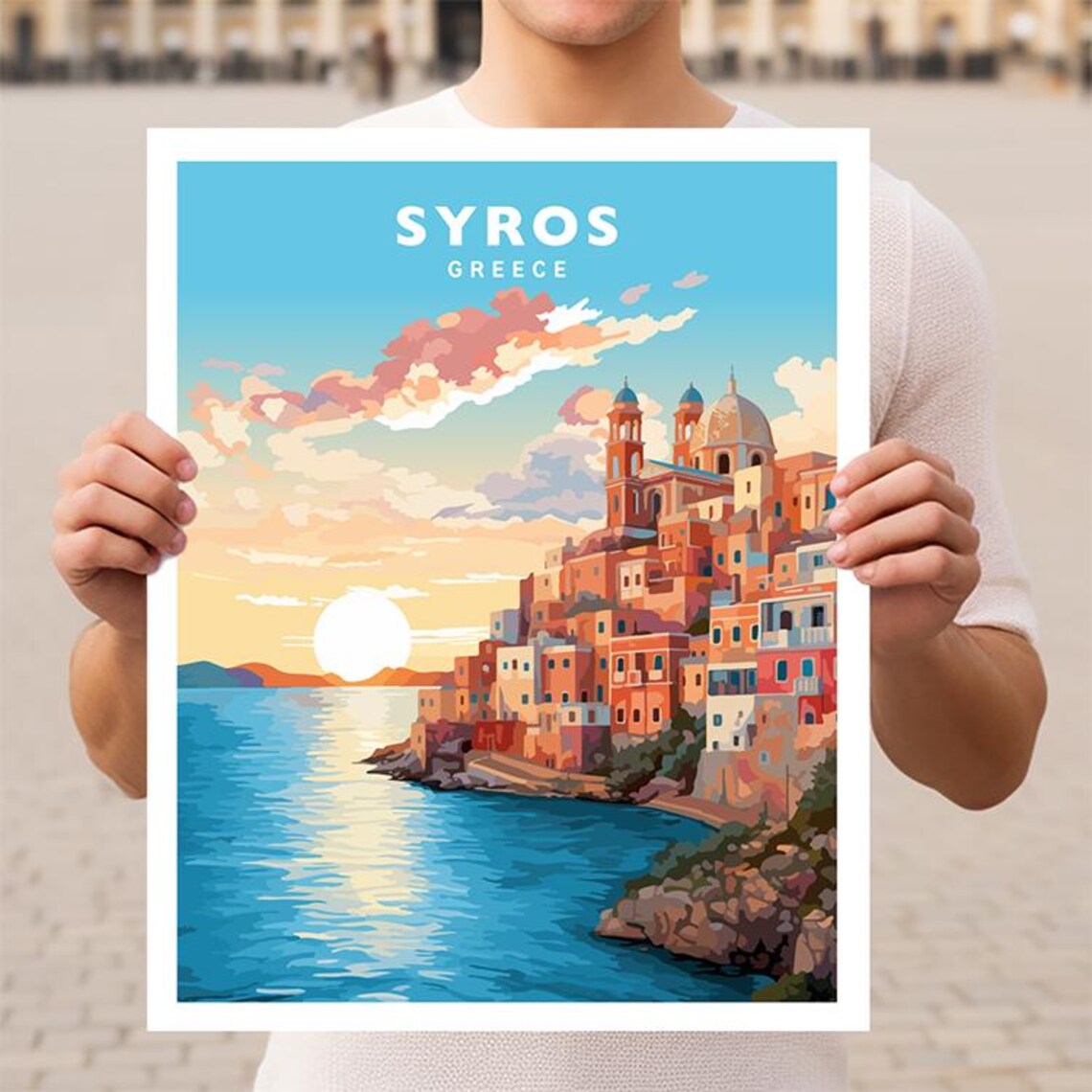 Syros Cliffside Old Town Aegean Sea Sunset Greece Travel Poster