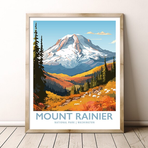 Mount Rainier National Park Washington Snow Peak Autumn Travel Poster