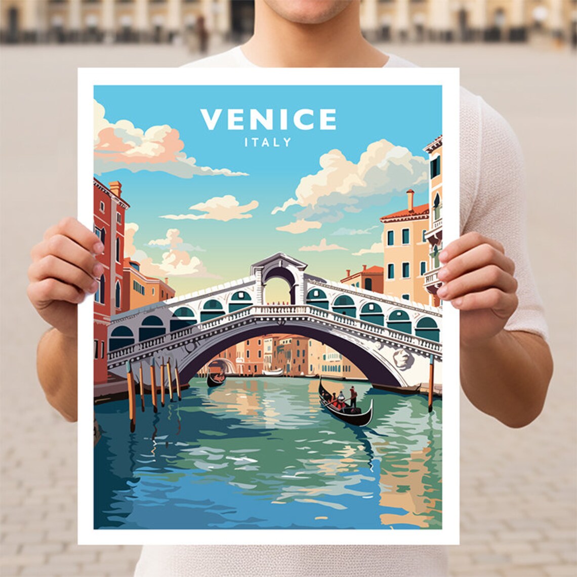 Venice Italy Rialto Bridge Gondolas Grand Canal Vintage Travel Poster