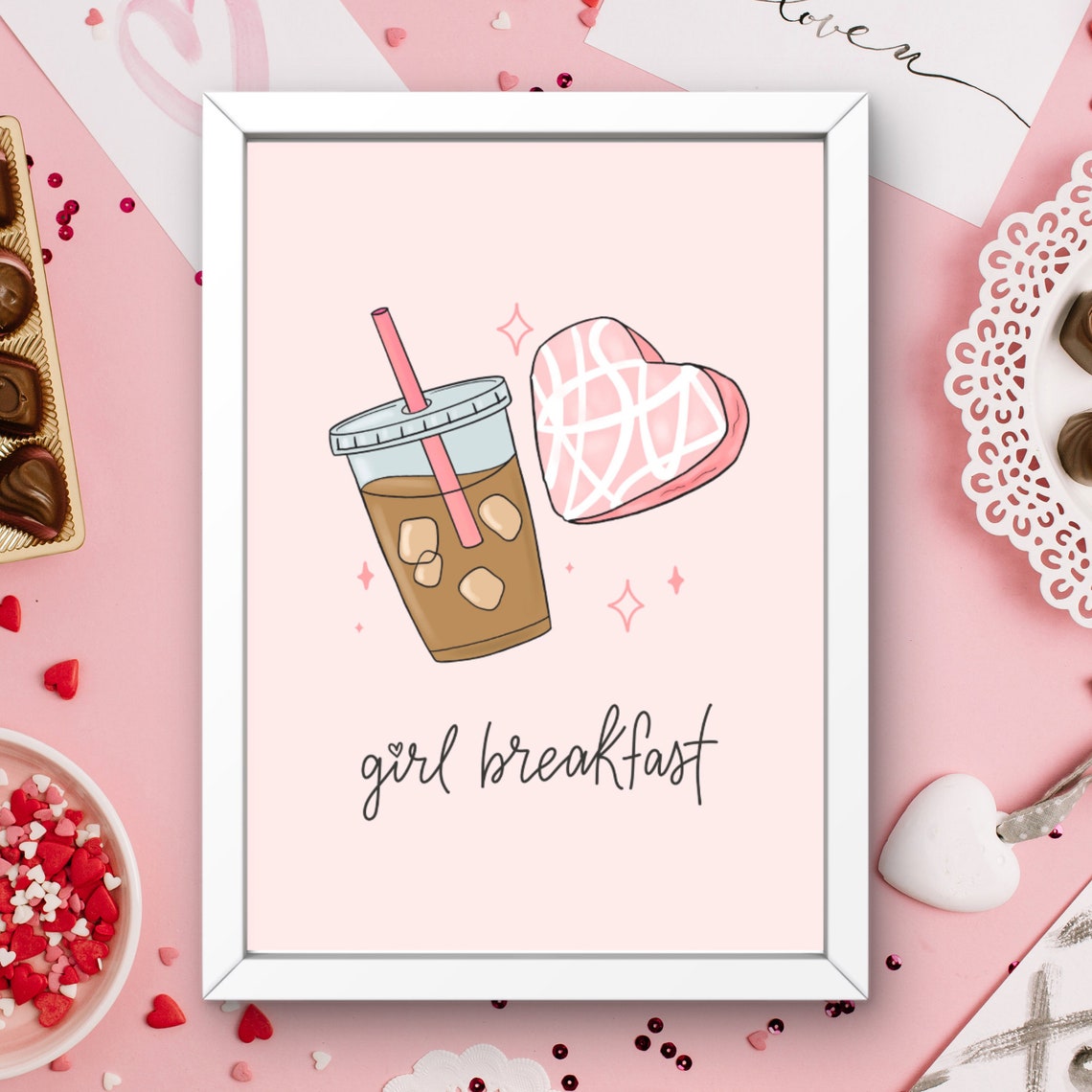 Girl Breakfast Pink Iced Coffee Heart Cake Funny Quote Art Print - Image 4