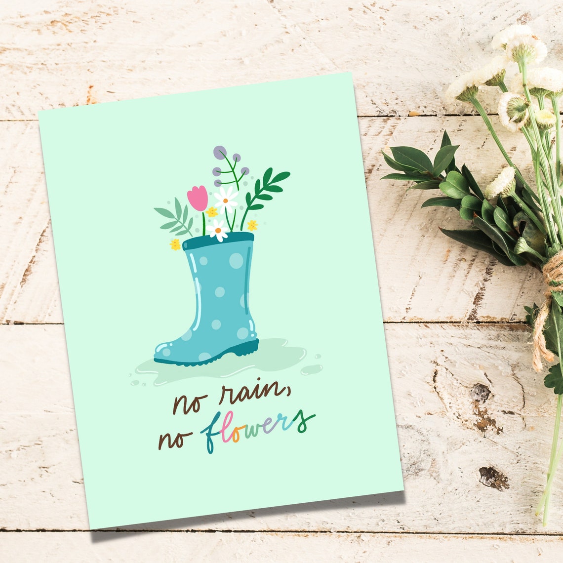 No Rain No Flowers Teal Rain Boot Spring Florals Quote Art Print - Image 4