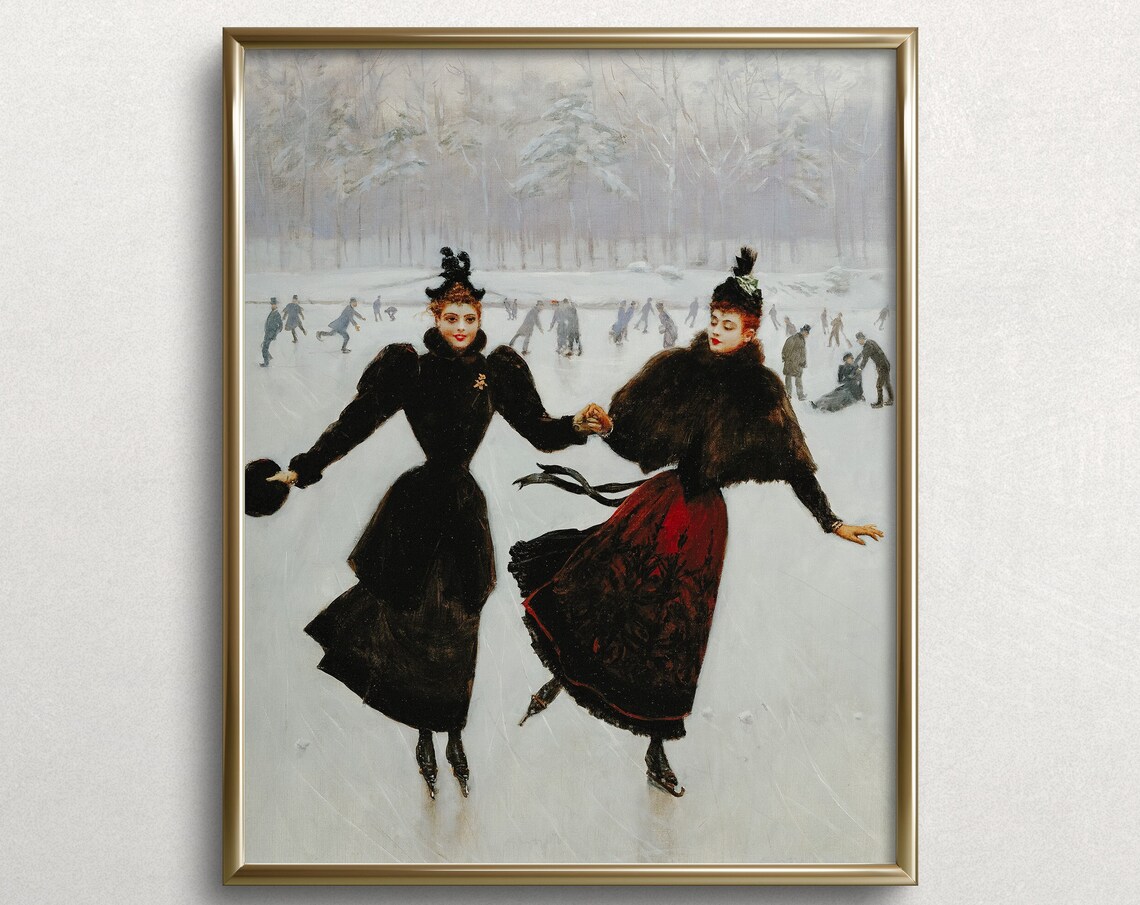 Ladies Ice Skating Vintage Winter Landscape Art Print