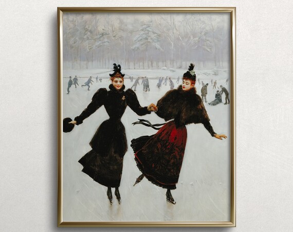 Ladies Ice Skating Vintage Winter Landscape Art Print
