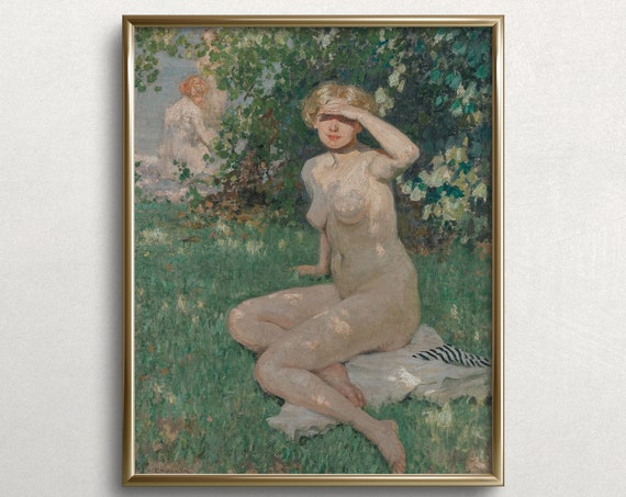 Vintage Nude Figure Art Print, Lake Day Study