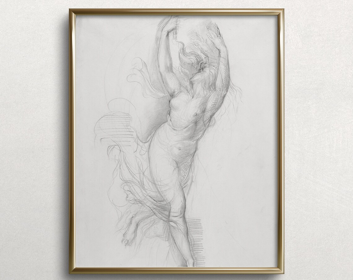 French Provincial Dancing Nude Figure, Vintage Art Print