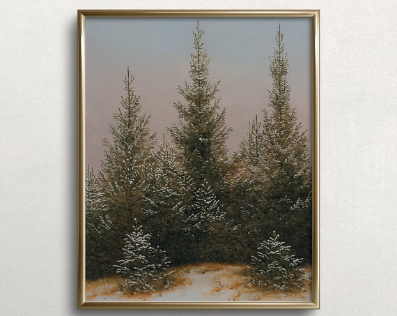 Christmas Tree Farm Christmas Eve, Vintage Oil Painting Print