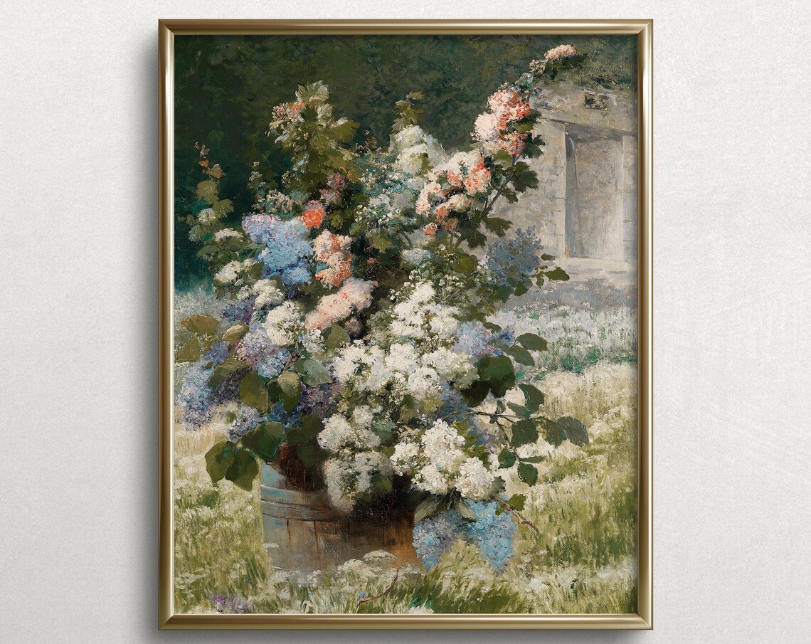 Lilac Blossoms in Wooden Bucket Vintage Garden Floral Art Print