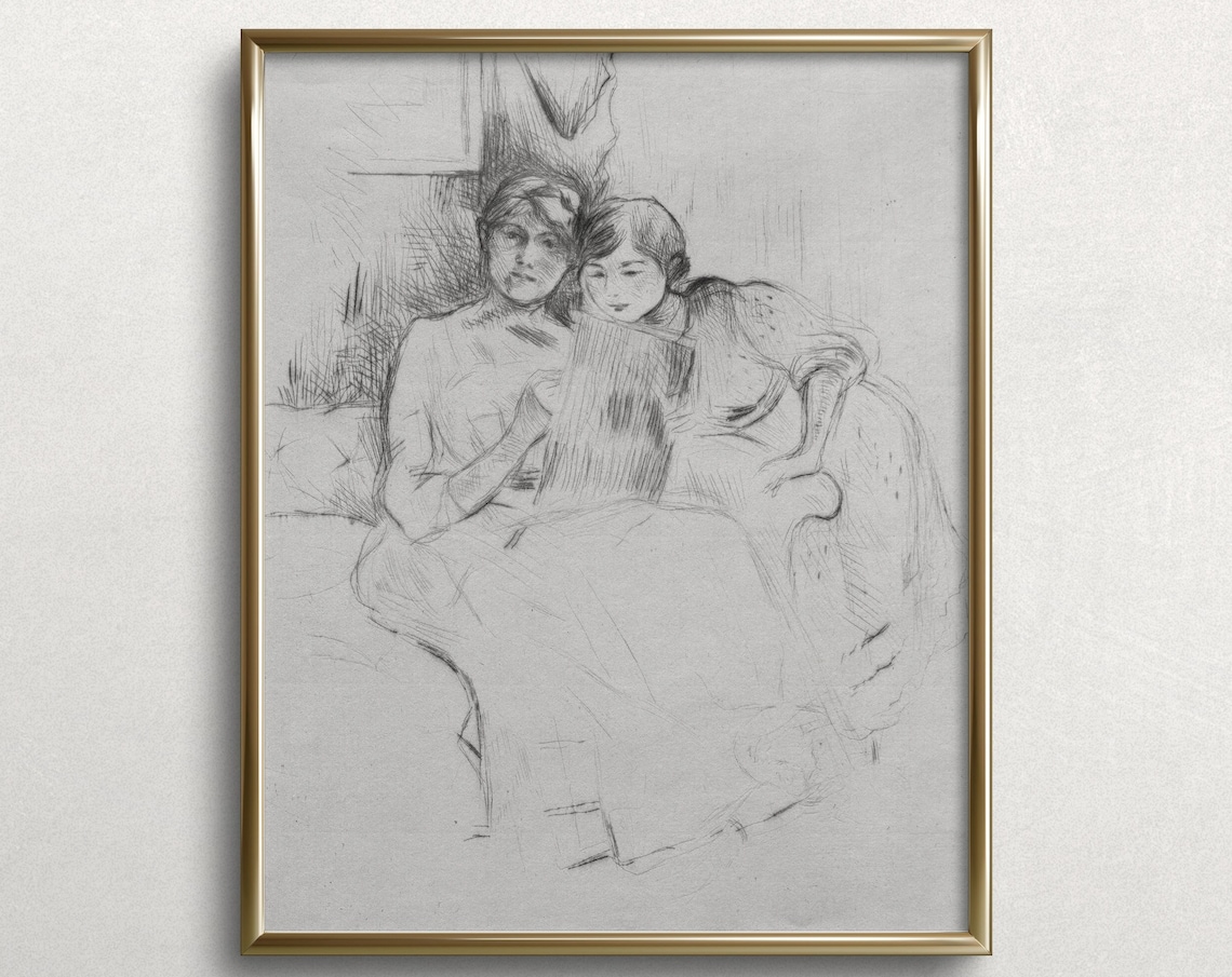 Mother Reading with Child Vintage Line Sketch Nursery Art Print