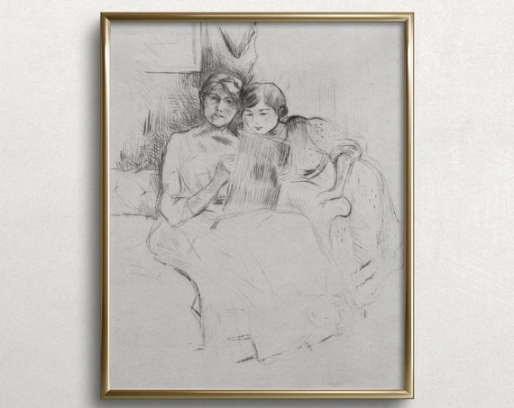 Reading With Mother Motherhood Art Print Vintage Nursery Art Print Vintage Line Art P2