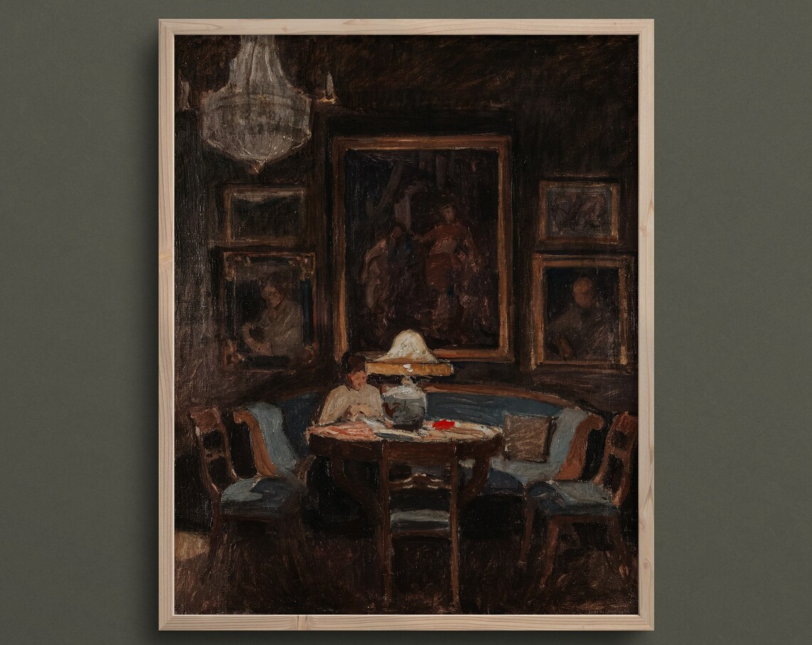 Moody Lamplit Interior Woman Reading Vintage Dark Academia Oil Painting Print