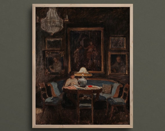 Midnight Study Woman Figure Painting Moody Wall Art Dark Academia Art Prints Dark Art Print L278