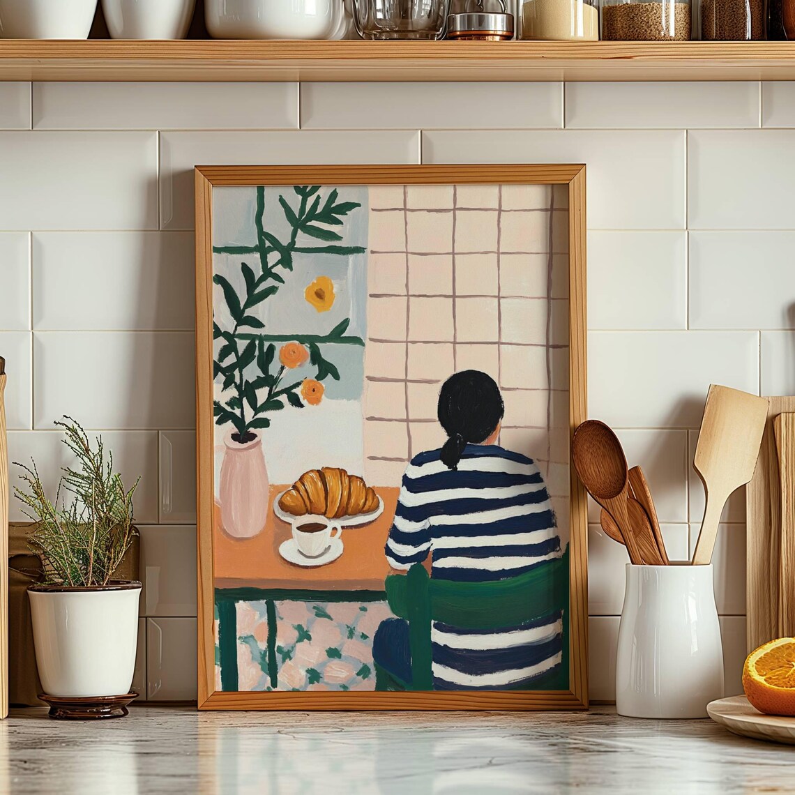 Cozy Cafe Wall Art Coffee And Croissant Art Print Large Wall Art Contemporary Artwork Kitchen Wall Art Coffee Lover Print Breakfast Art Gift
