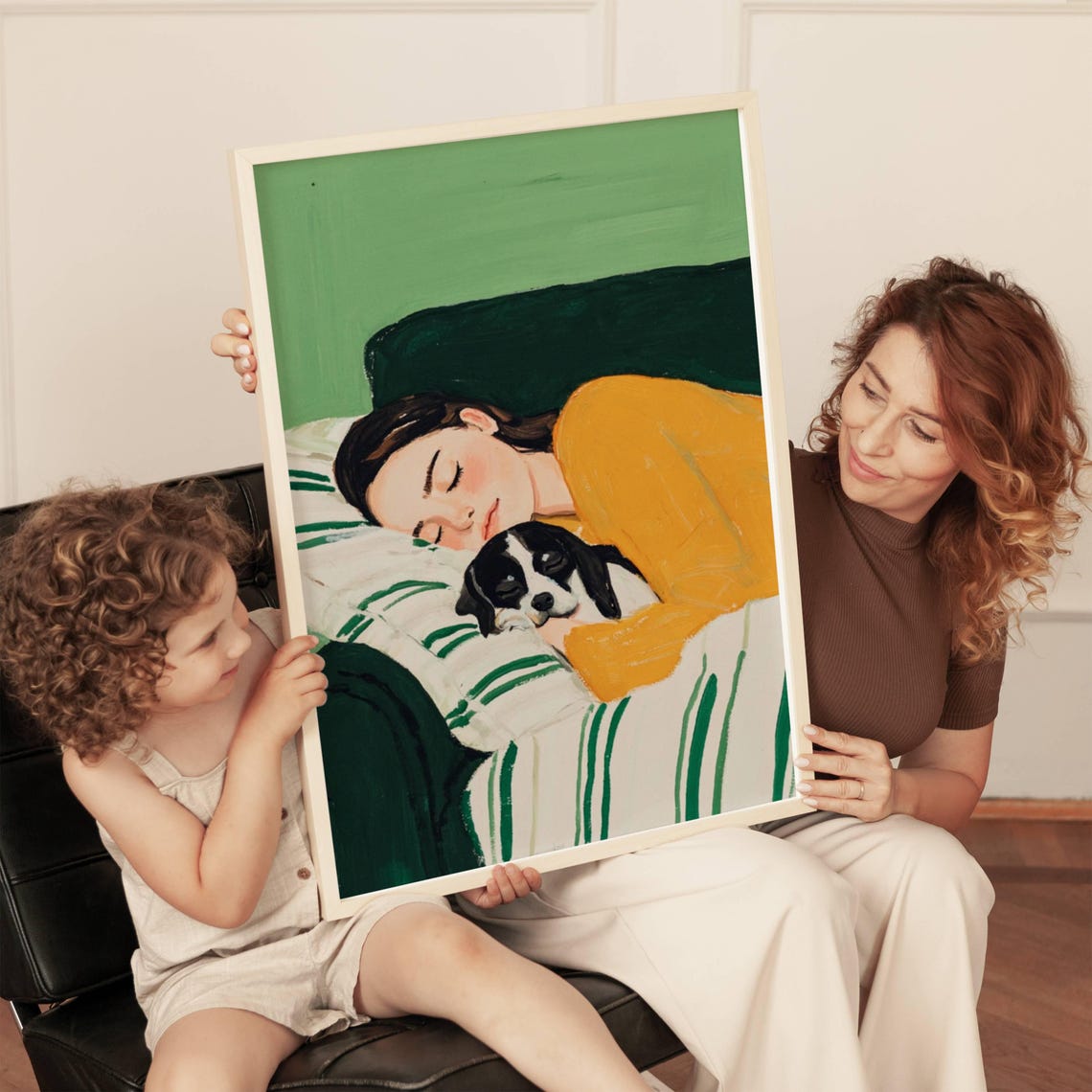Woman Napping with Puppy in Yellow Sweater Cozy Artwork Poster - Image 2