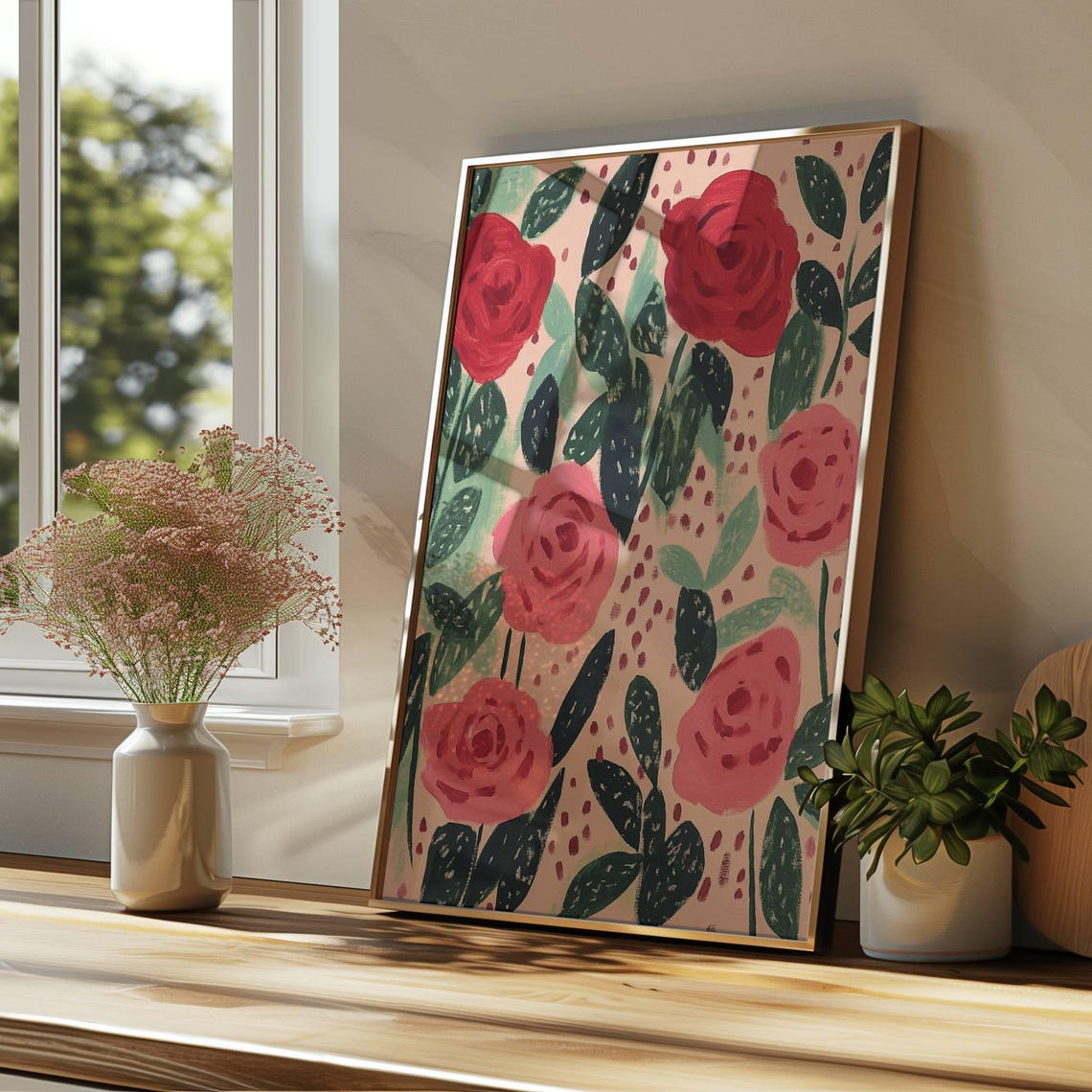 Red and Pink Roses on Blush Background Maximalist Floral Art Poster - Image 3