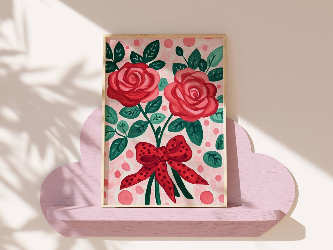 Red Roses Tied with Polka Dot Bow Coquette Girly Floral Art Poster