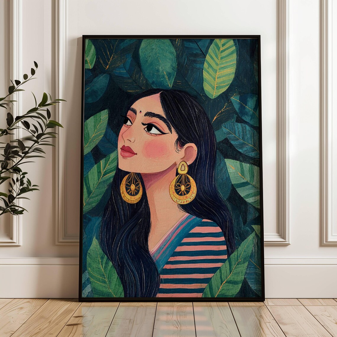 Indian Woman Portrait Gold Earrings Dark Green Tropical Art Poster - Image 4
