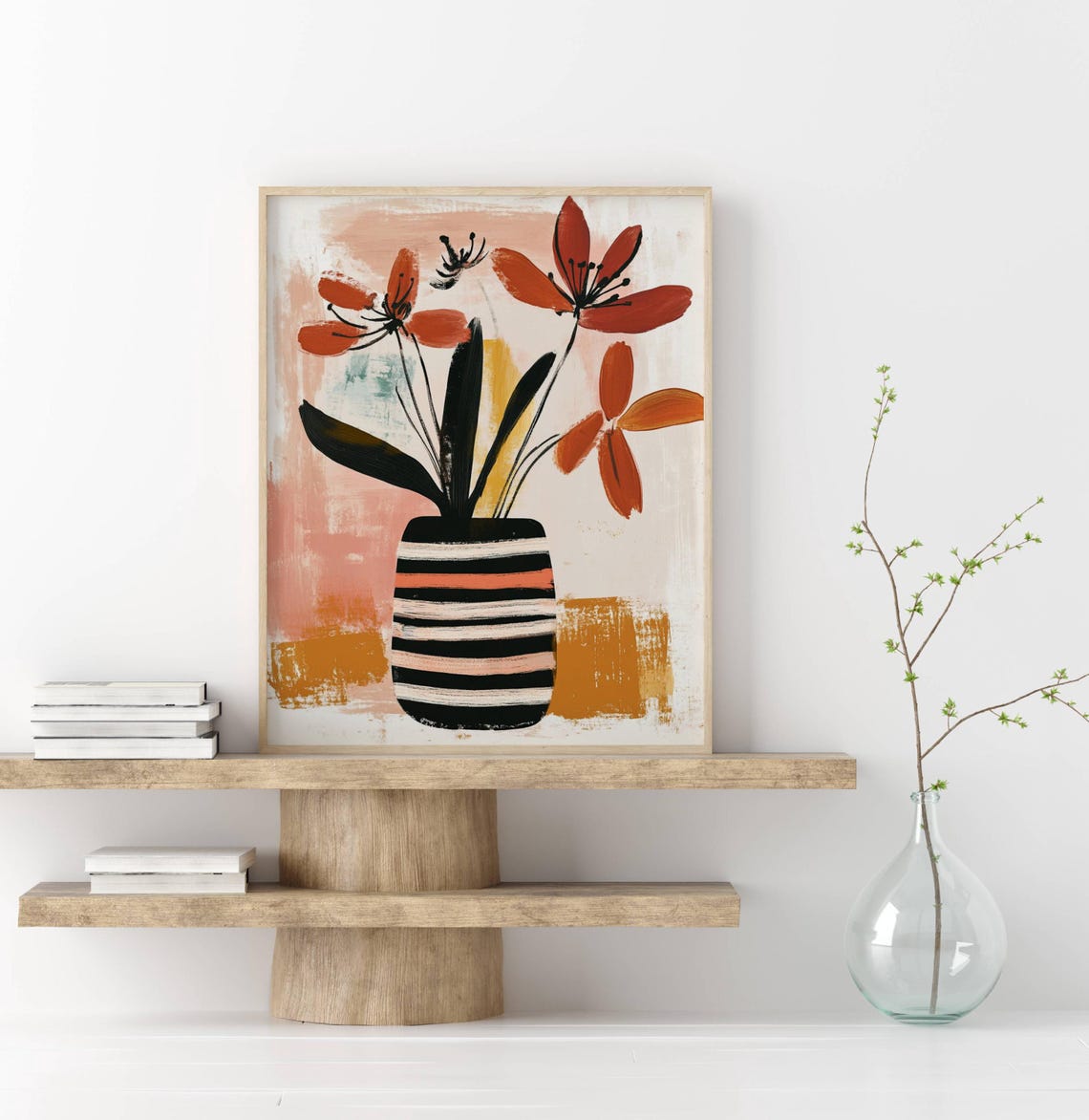 Orange Red Abstract Flowers in Striped Vase Modern Floral Art Poster - Image 3