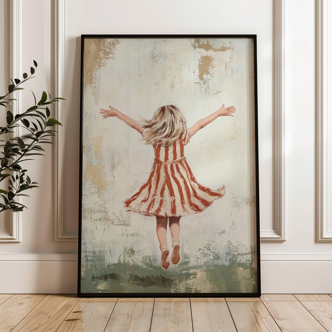 Girl in Red Striped Dress Jumping with Arms Raised Art Poster