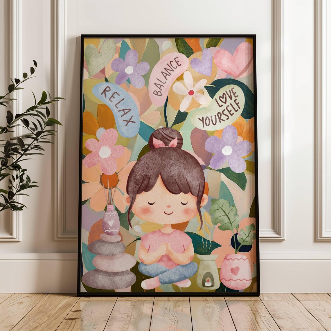 Relax Balance Love Yourself Meditating Girl Floral Mindfulness Poster - Image 2