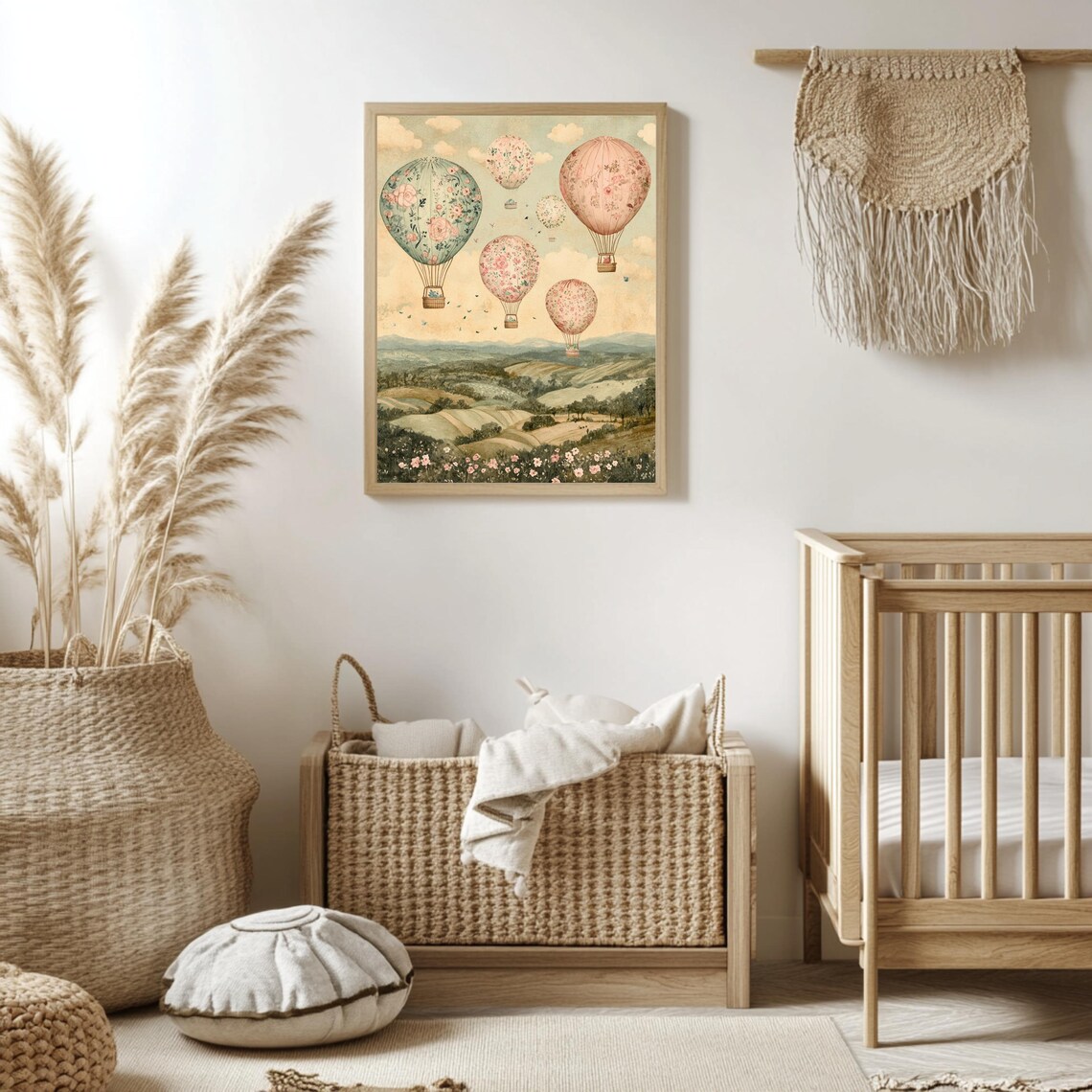 Vintage Floral Hot Air Balloons Over Rolling Hills Nursery Art Poster - Image 2