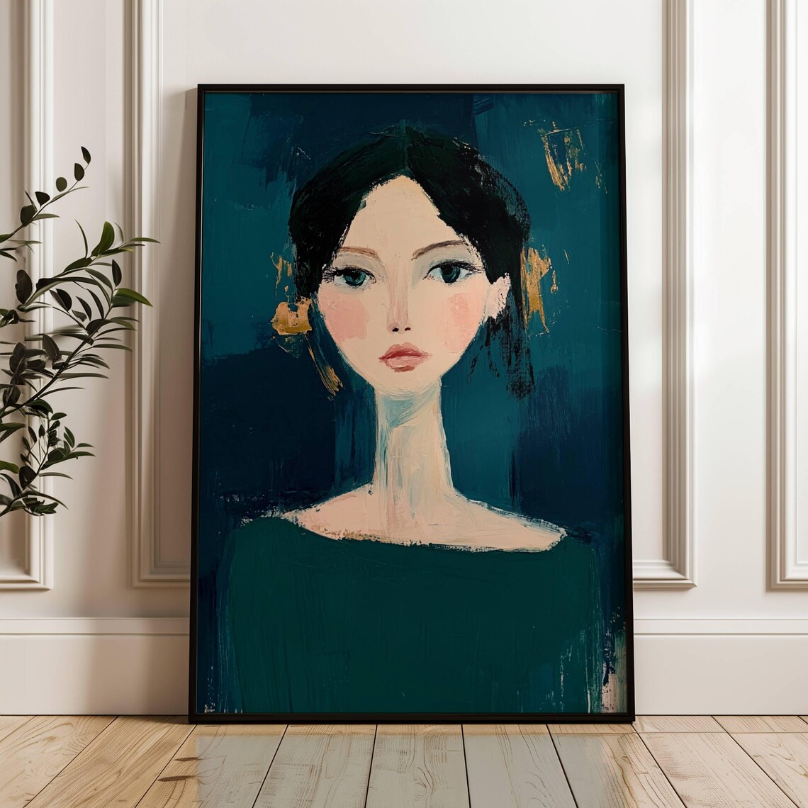 Woman Portrait with Expressive Eyes on Dark Green Art Poster - Image 2