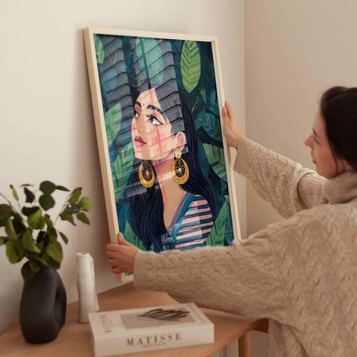 Indian Woman Portrait Gold Earrings Dark Green Tropical Art Poster - Image 2