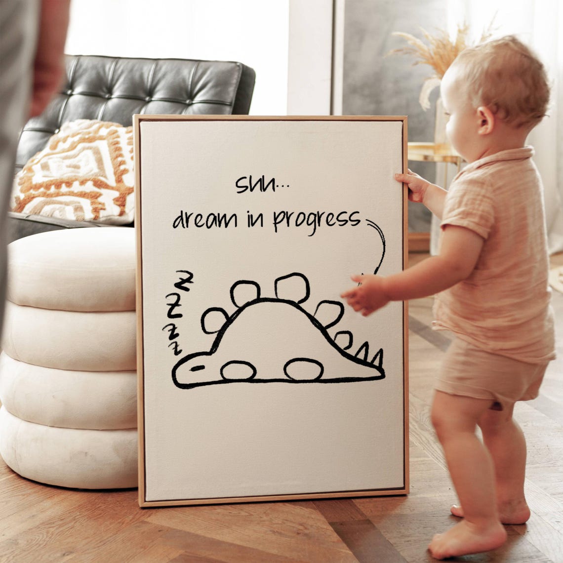Shh Dream In Progress Sleeping Dinosaur Line Art Cute Nursery Poster