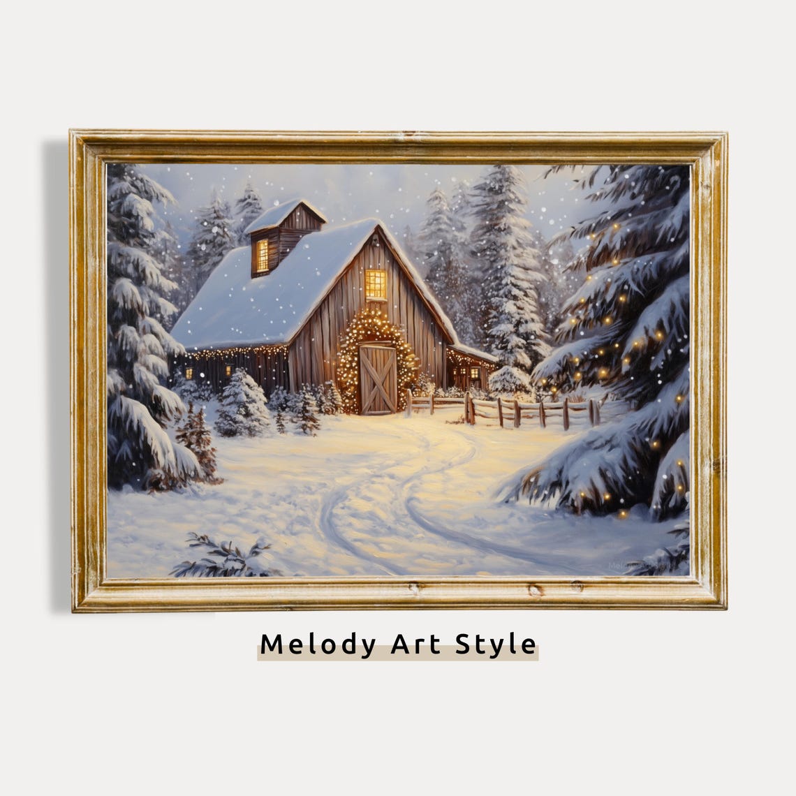 Snowy Christmas Barn With Twinkling Lights Holiday Farm Art Poster