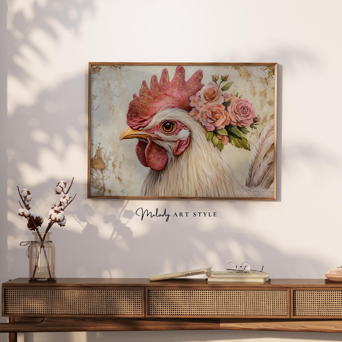 White Rooster With Floral Crown Pink Roses Farmhouse Art Poster - Image 2