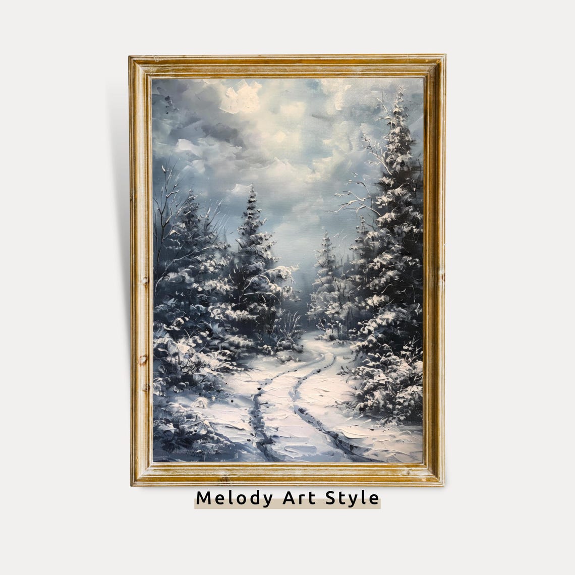 Snowy Forest Path Winter Evergreens Moody Landscape Painting Poster