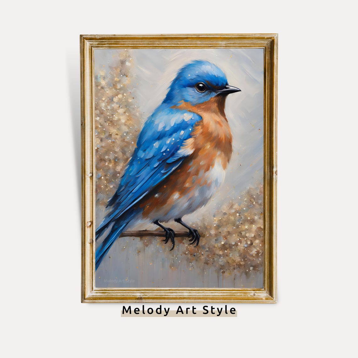Vibrant Bluebird Perched On Branch Wildlife Oil Painting Poster