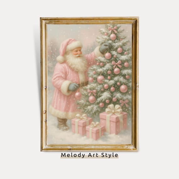 Pink Santa Decorating a Pastel Christmas Tree with Gifts Holiday Poster
