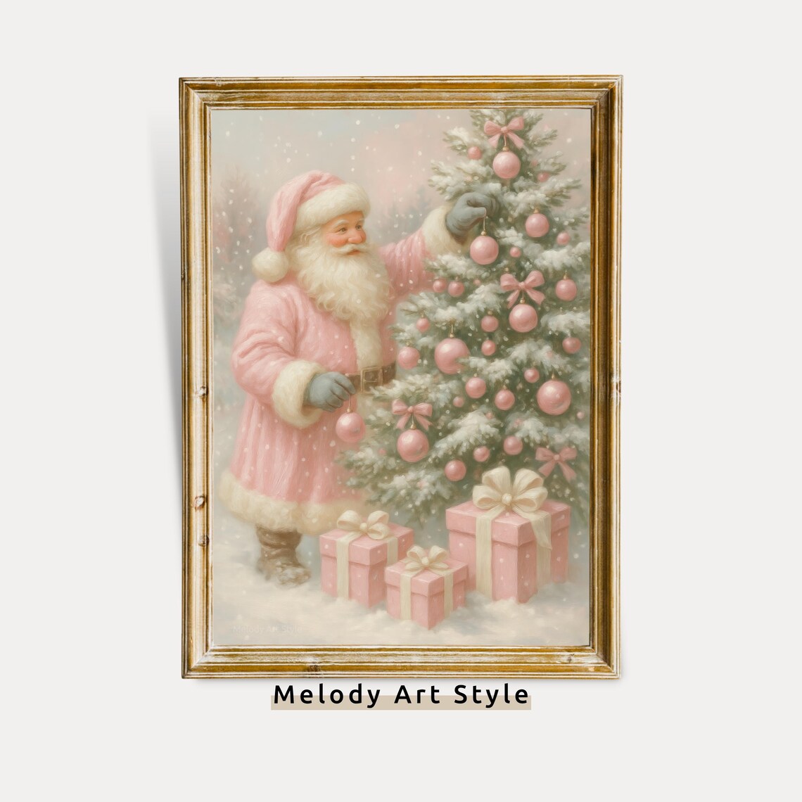 Pink Santa Decorating a Pastel Christmas Tree with Gifts Holiday Poster